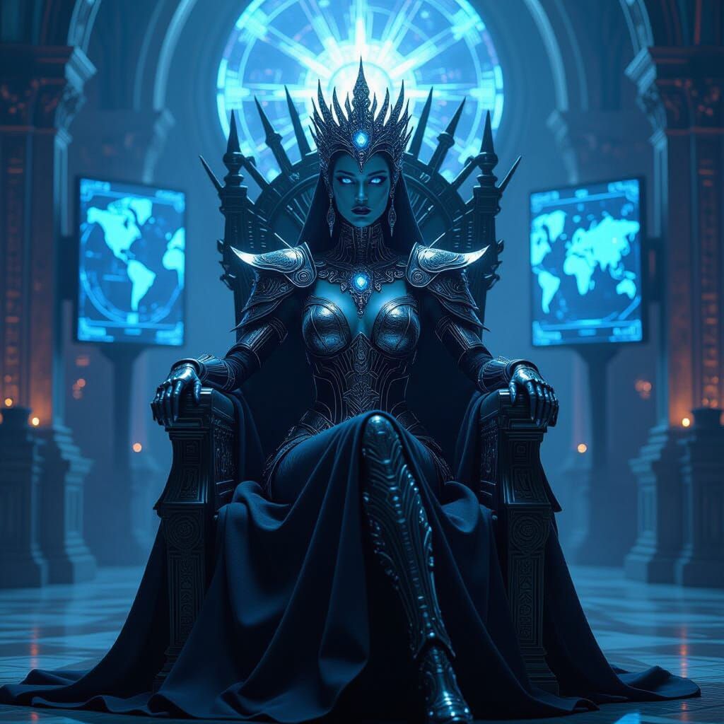 Regal Cybernetic Queen on Obsidian Throne
