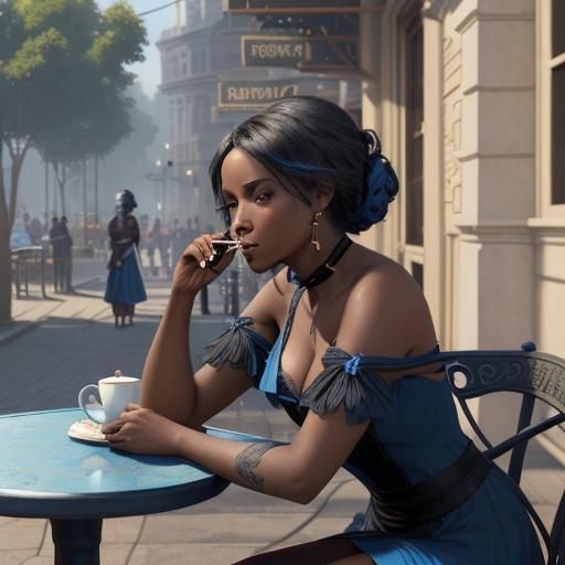 A beutiful black female in a blue dress at a sidewalk table drinking a cup of coffee and smoking a cigarette detailed ma...