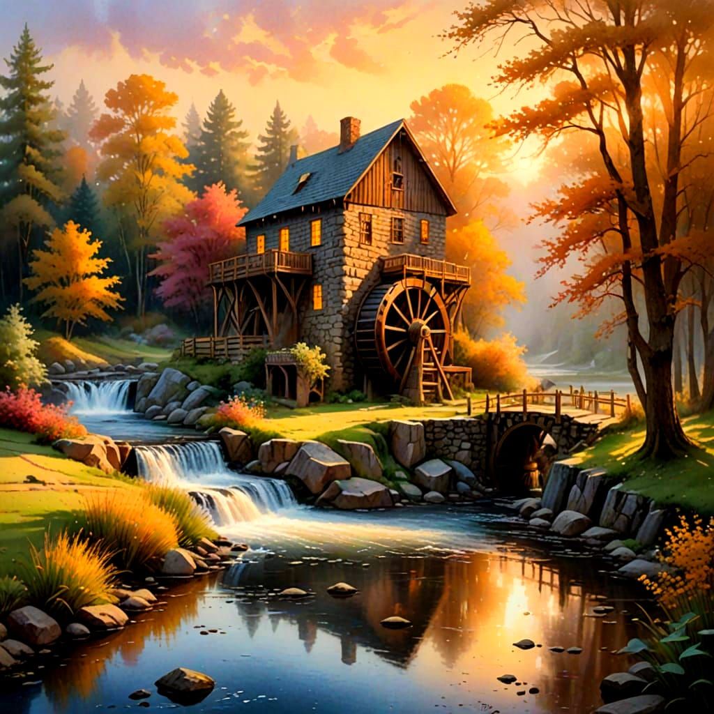 Whimsical Waterwheel Grist Mill in a Serene Landscape