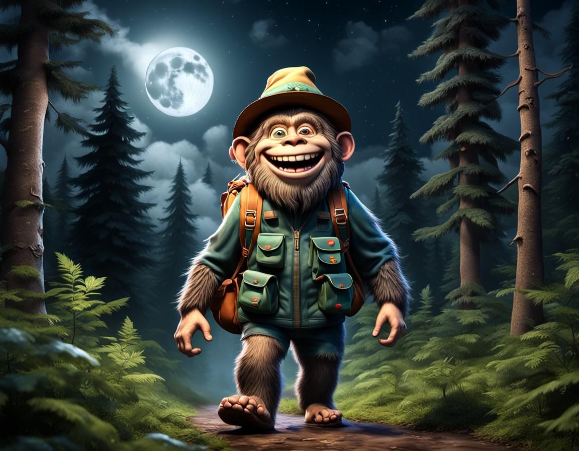 Happy Fairy Bigfoot Walks in Moonlit Forest