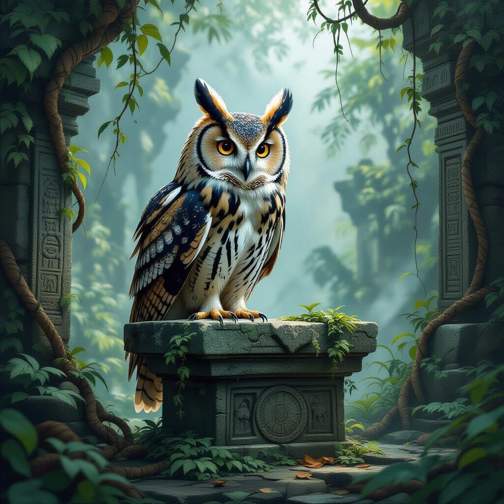 Majestic Owl on Altar in Misty Jungle Temple