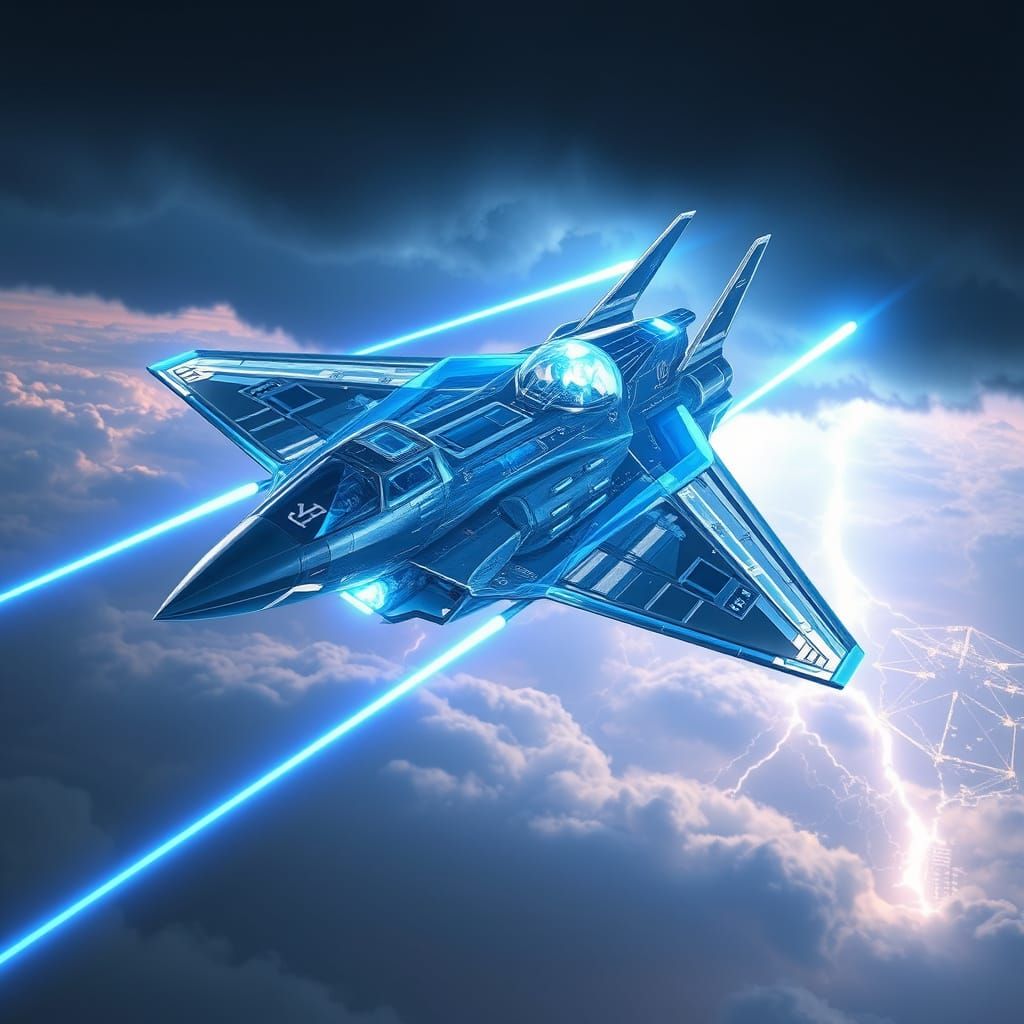 Glowing Blue Fighter Jet Soars Through Thunderstorm Skies