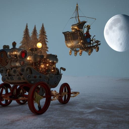 Steampunk Santa Sleigh at Night in 4K