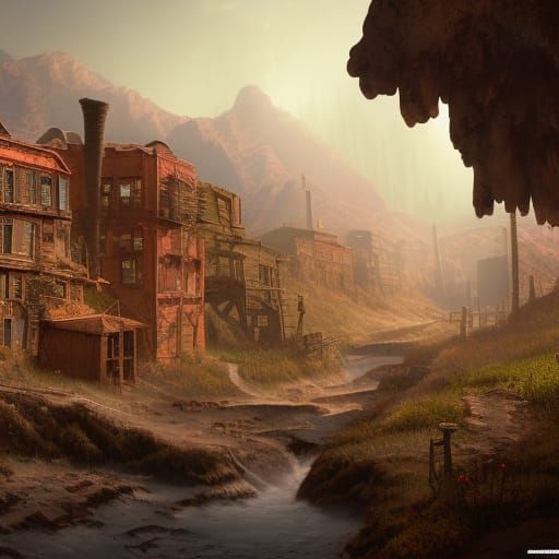 Detailed Matte Painting of Abandoned Mining Town
