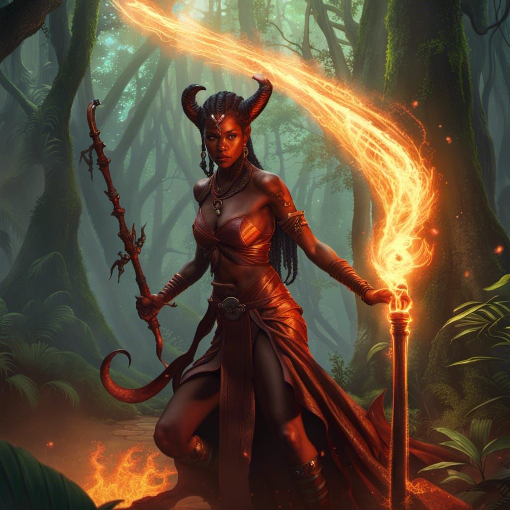 Tiefling Sorceress with Fire Sword in Rainforest