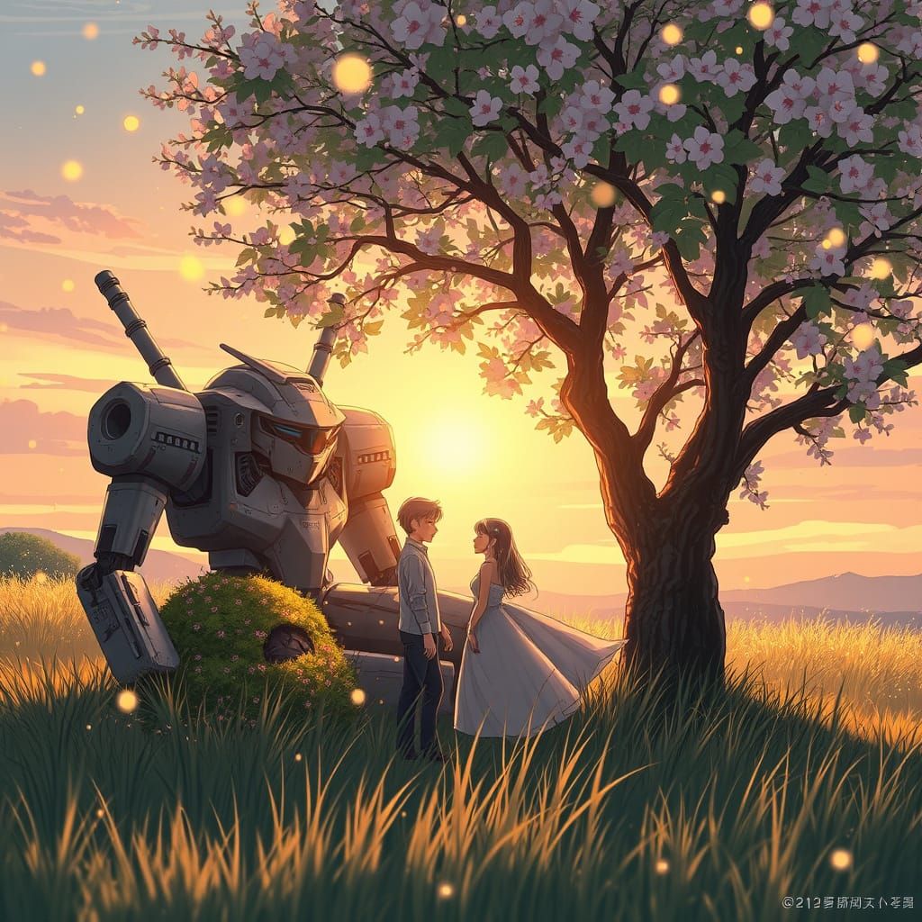 Romantic Sunset Scene with Anime-Style Mecha