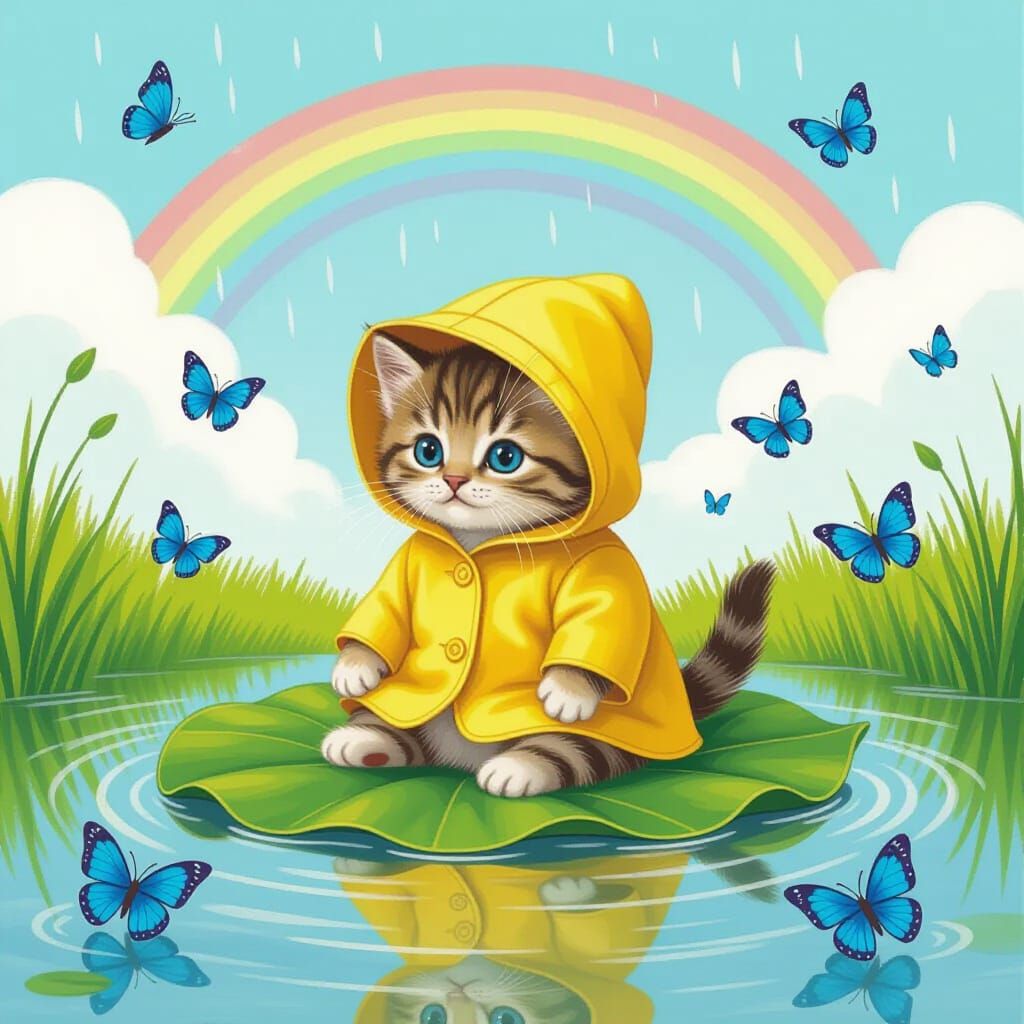 Kitten's Rainy Day Adventure on a Leaf