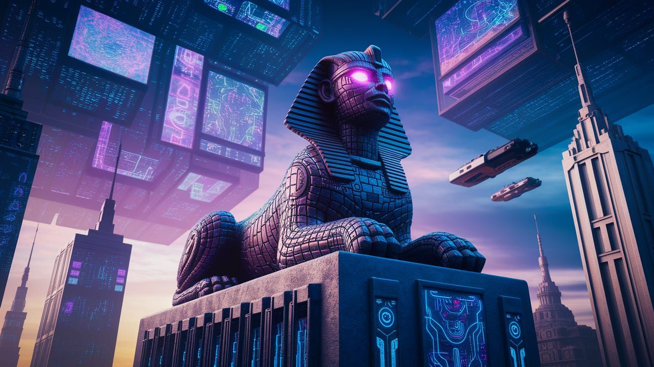 Cyberpunk Sphinx in Futuristic Metropolis