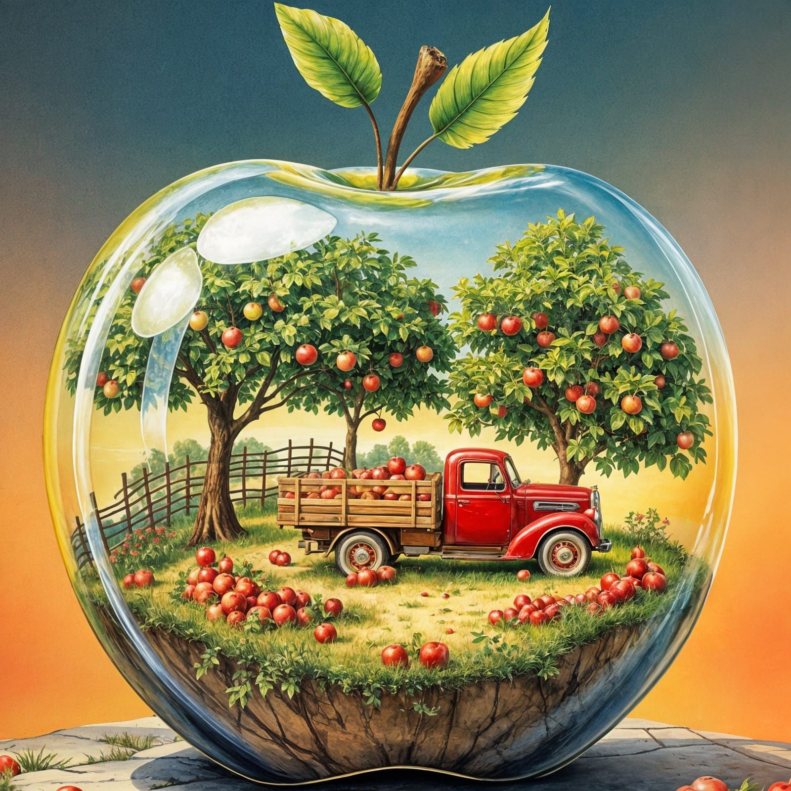 Whimsical Crystal Apple Scene in Vintage Watercolor Style
