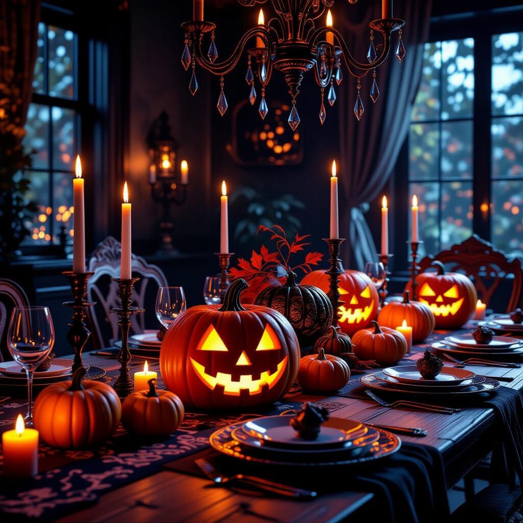 Sophisticated Halloween Dinner Table with Realistic Decorati...