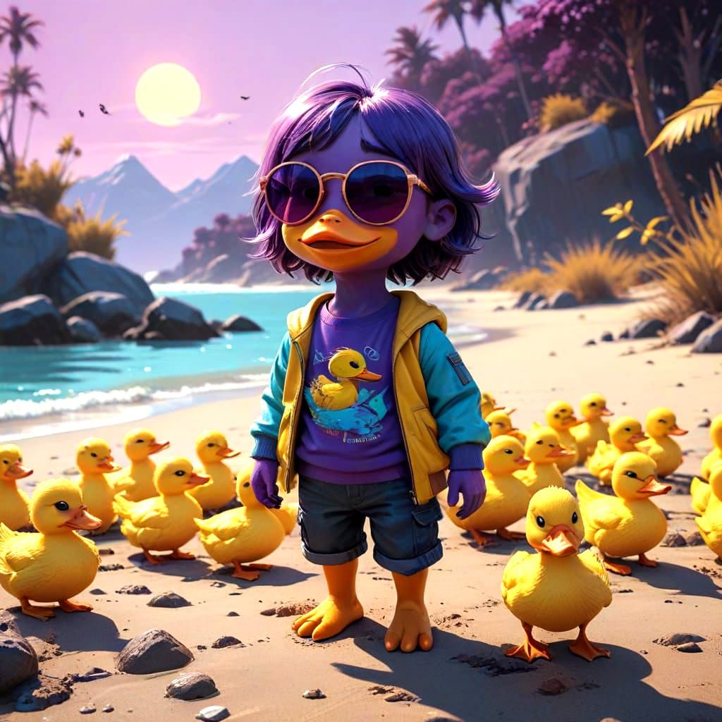 Violet Duckling Shines at the Beach in Detailed Fantasy Art