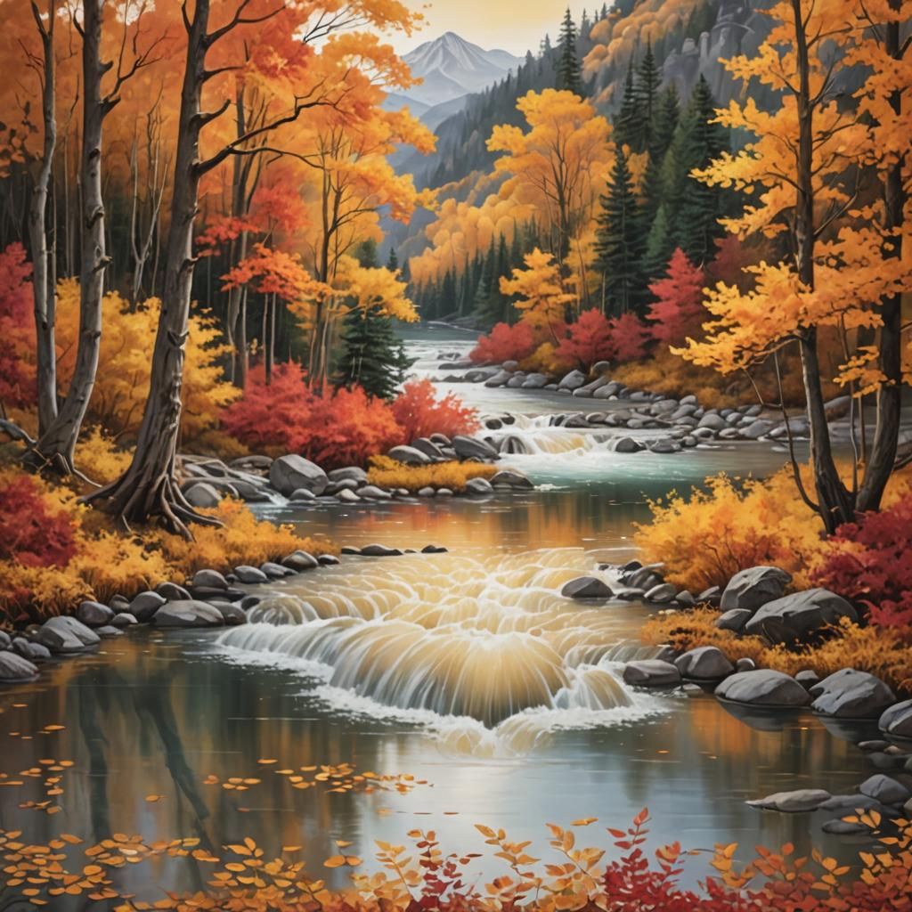Autumn River Flowing to Lake: Hyperrealistic Splash Art