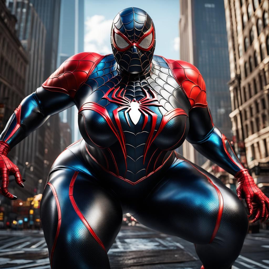 Voluptuous Ebony Woman in Spiderman Suit, Detailed Digital A...