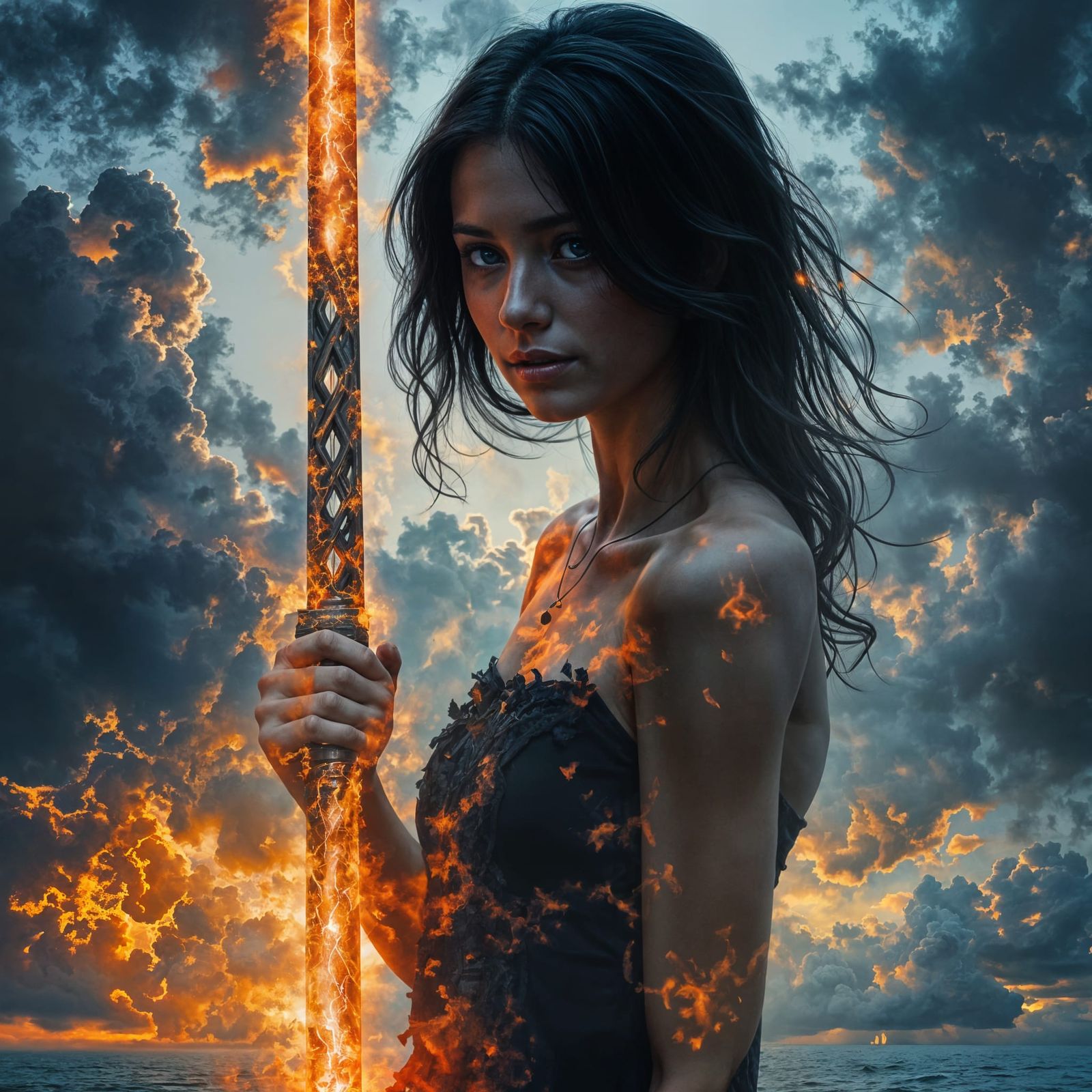 Determined Woman Wields Magical Lightning Sword in Dark Fant...