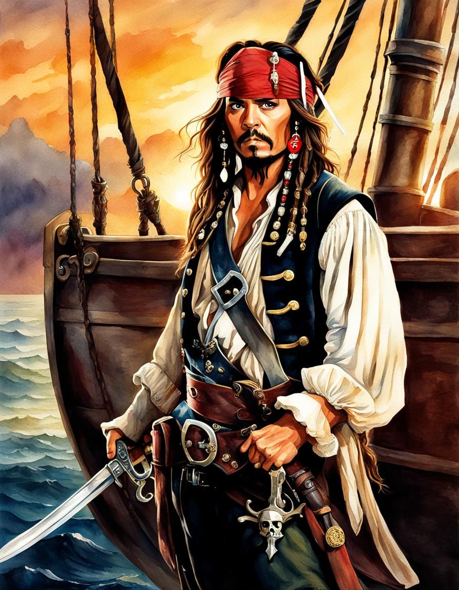 Hyperrealistic Watercolor of Captain Jack Sparrow