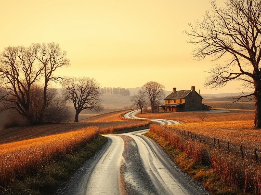Serene Farmhouse Landscape in Etching and Aquatint Style
