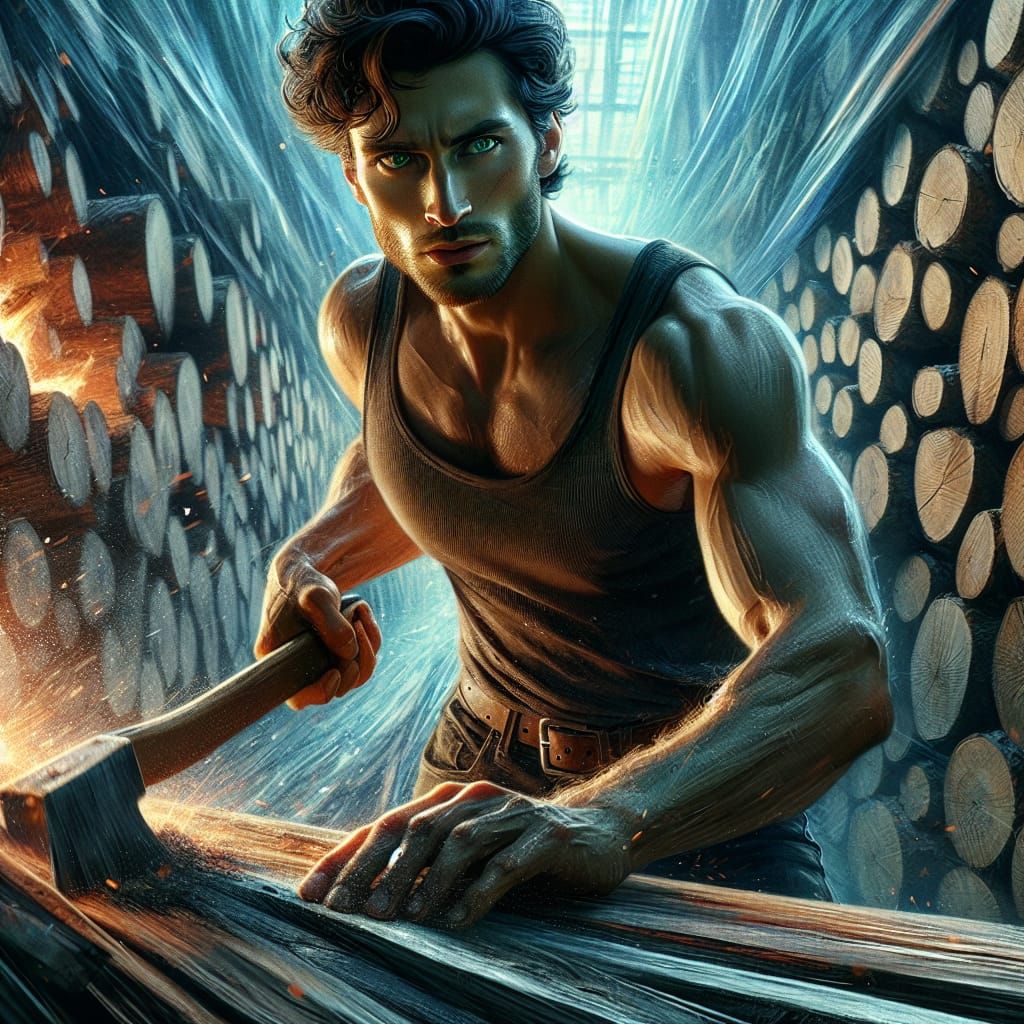 Epic Wood Chopper in Cinematic Matte Painting Style