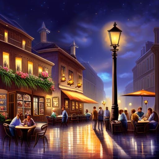 Cozy Night Cafe Scene in Luminist Style