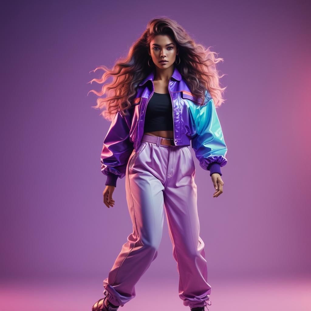 Dynamic 80s Fashion in Synthwave Pastel Style