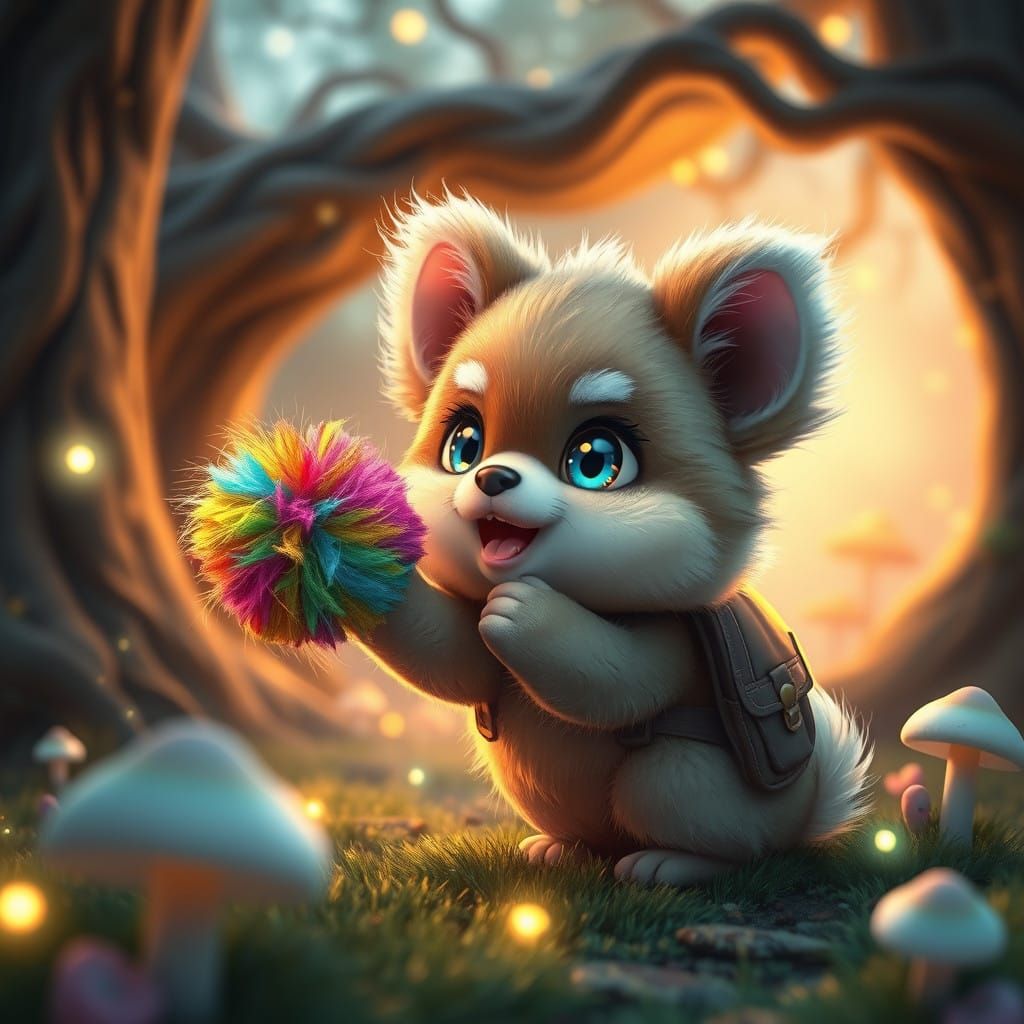 Whimsical Pet Plays with Rainbow Pom Pom in Enchanted Forest