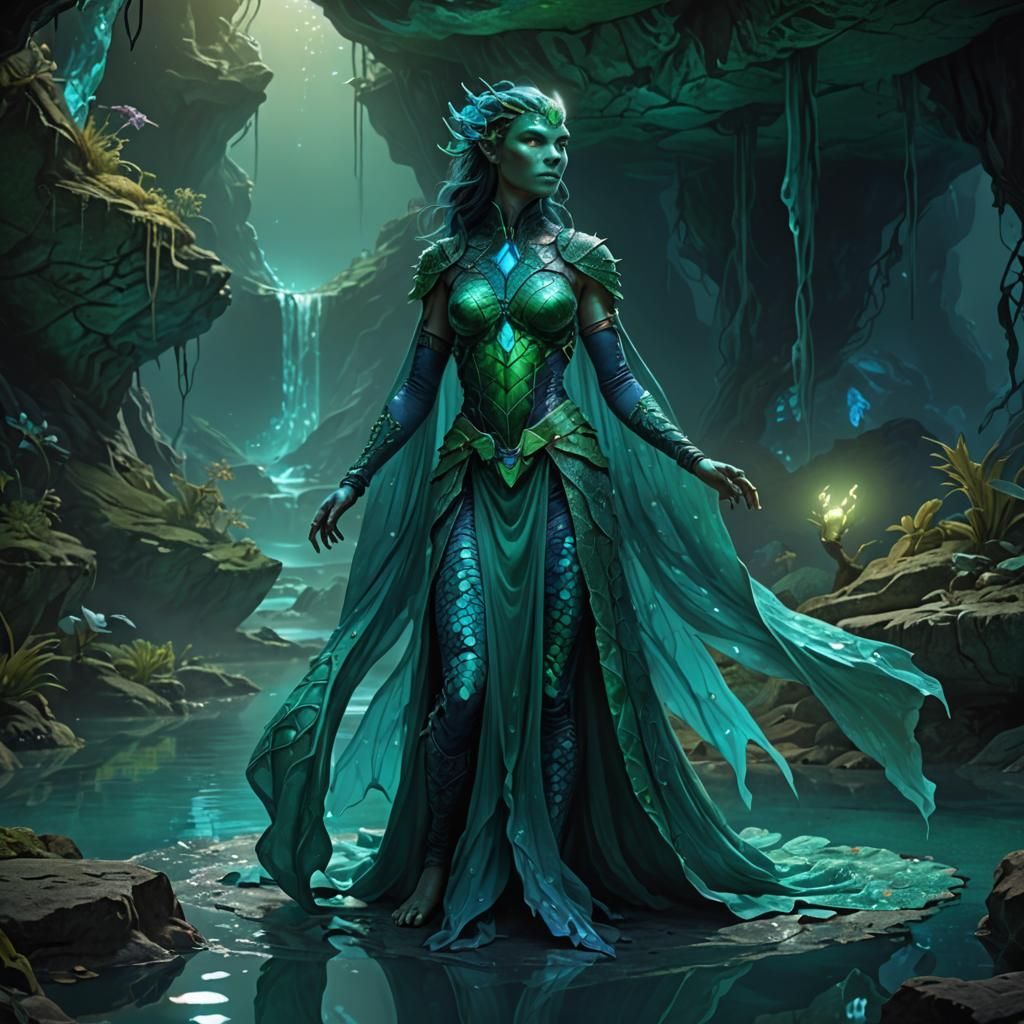 Emerald Scaled Lizard Woman in Glowing Lake