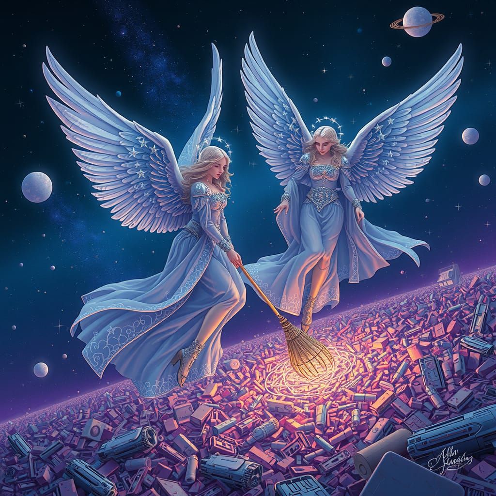 Angels Tidy Space Junk: A Neon-Infused Vision