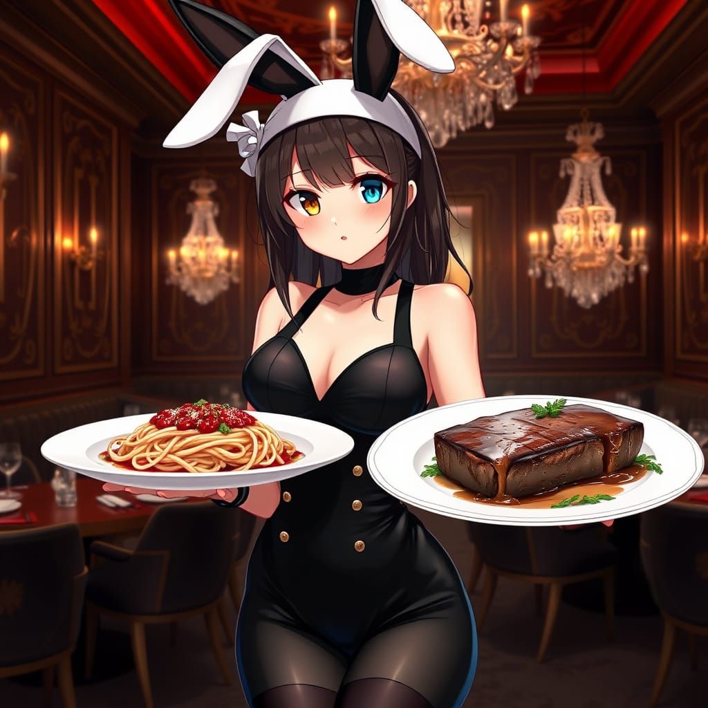Anime Chef Girl with Rabbit Ears in Opulent Restaurant