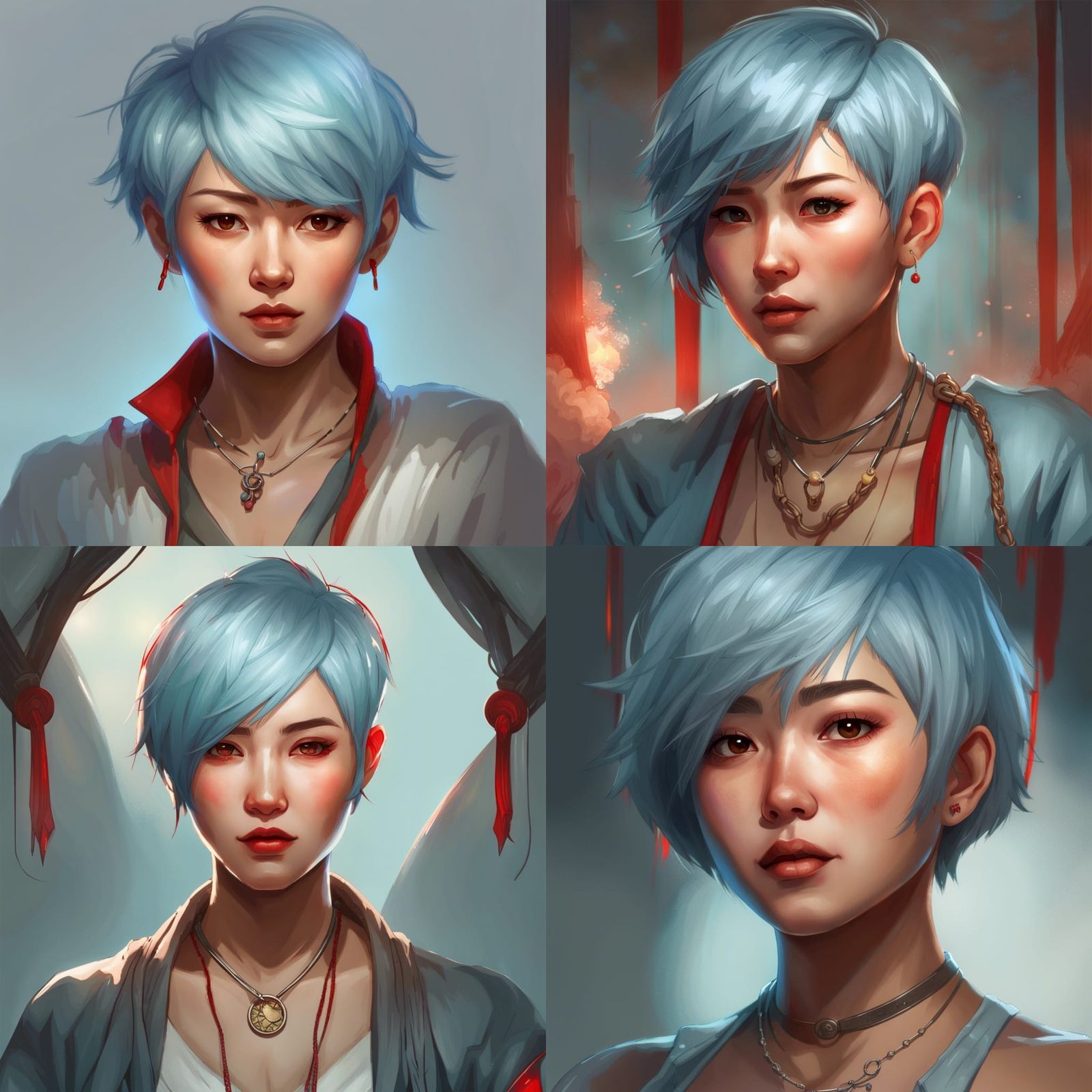 Asian Woman with Blue Hair, Art Nouveau Portrait