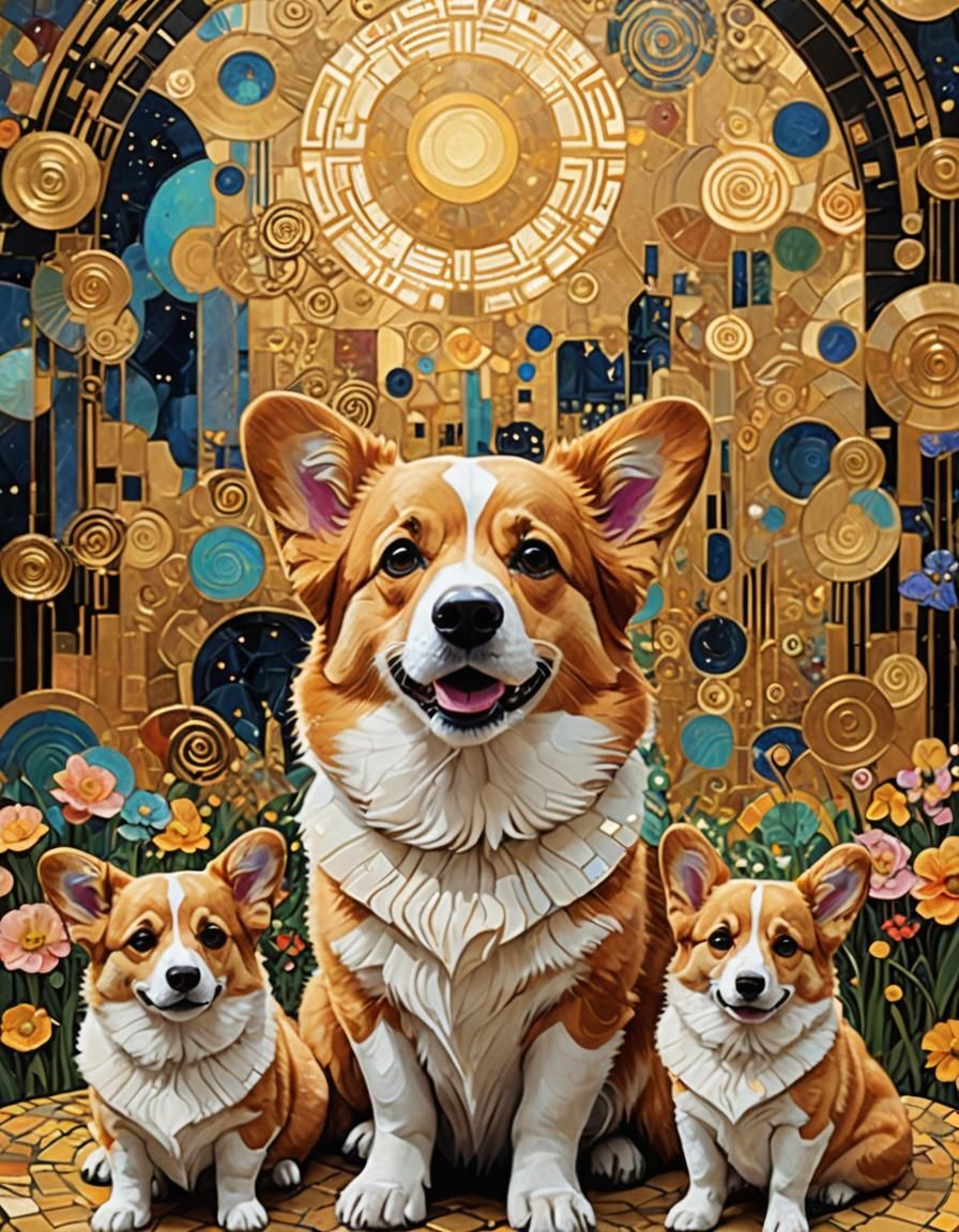 Corgi in Klimt-Inspired Art Deco Mosaic