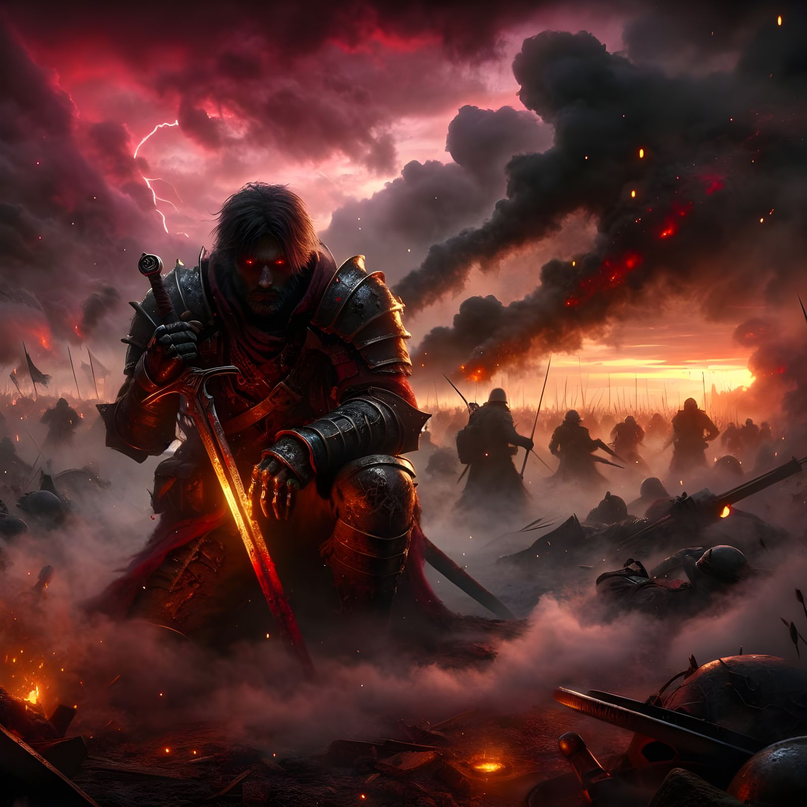 dramatic anime war scene set on a smoky battlefield at dusk. The sky is filled with dark clouds tinged red from a blazin...