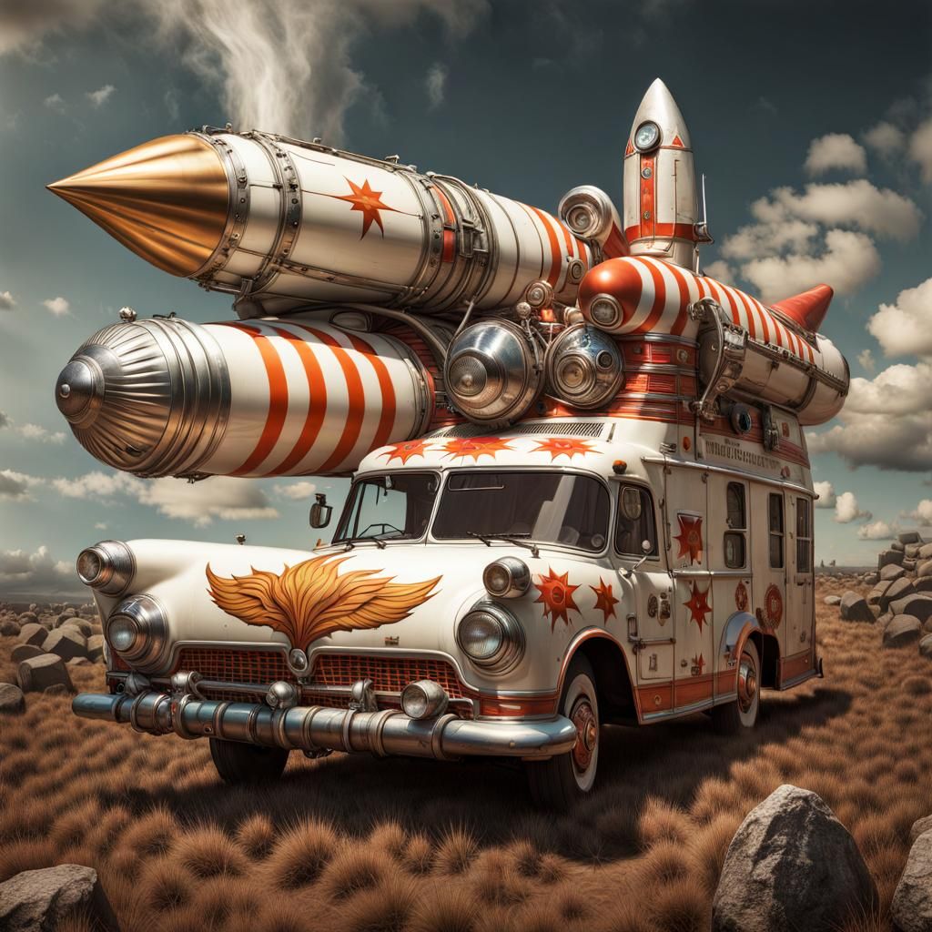 Surreal Racing Rocket Ambulance in Magical Realism