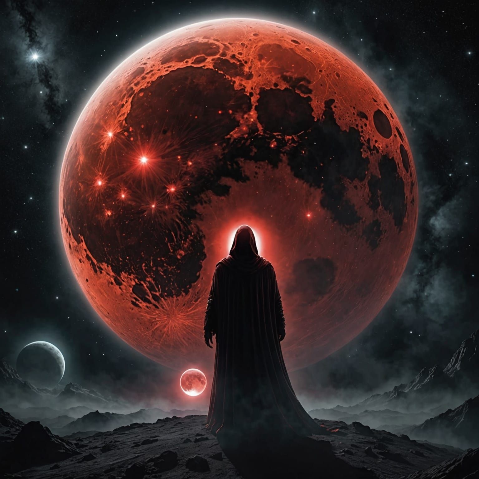 Ethereal Eclipse: Red Moon and Cosmic Specter