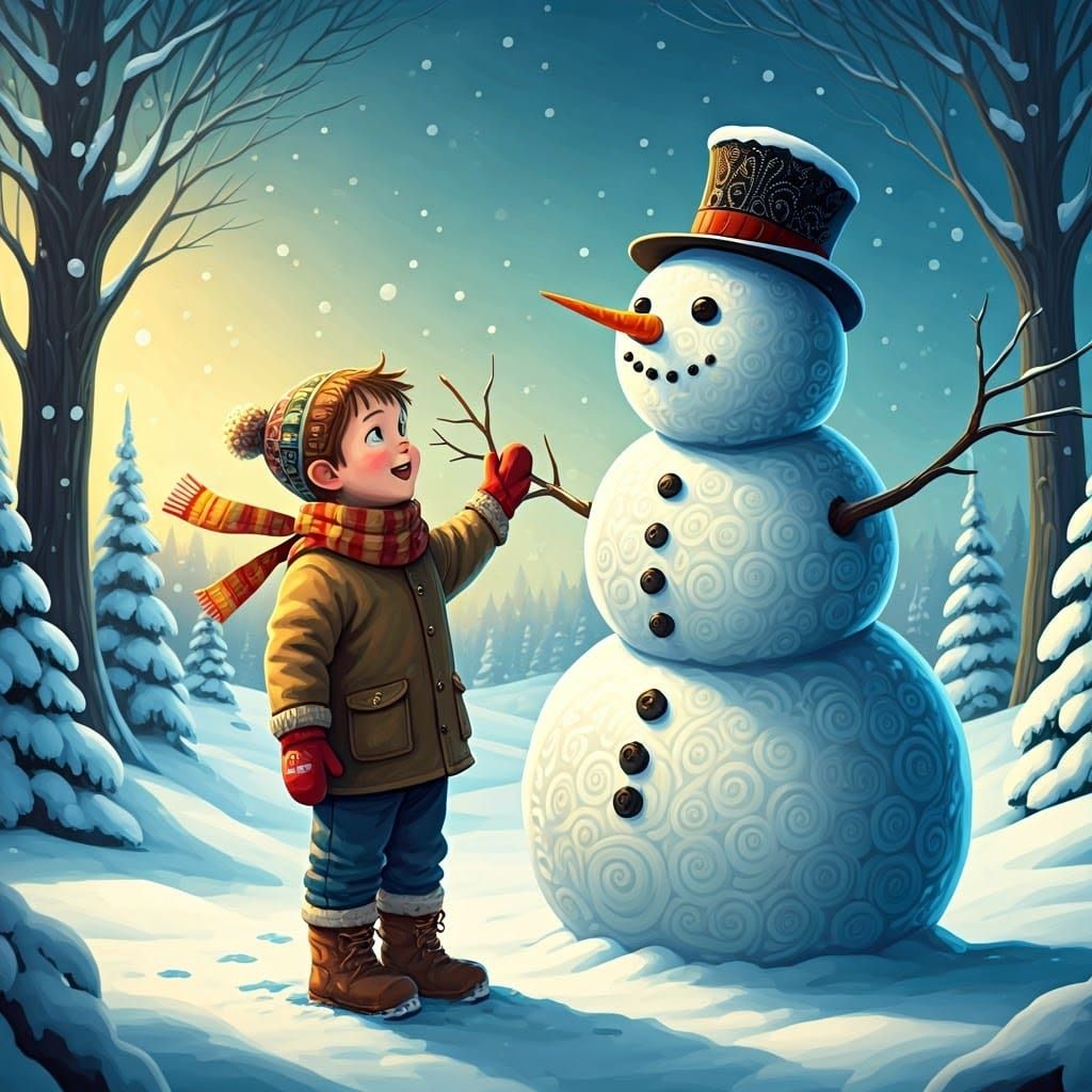 Whimsical Winter Wonderland Child Plays with Snowman