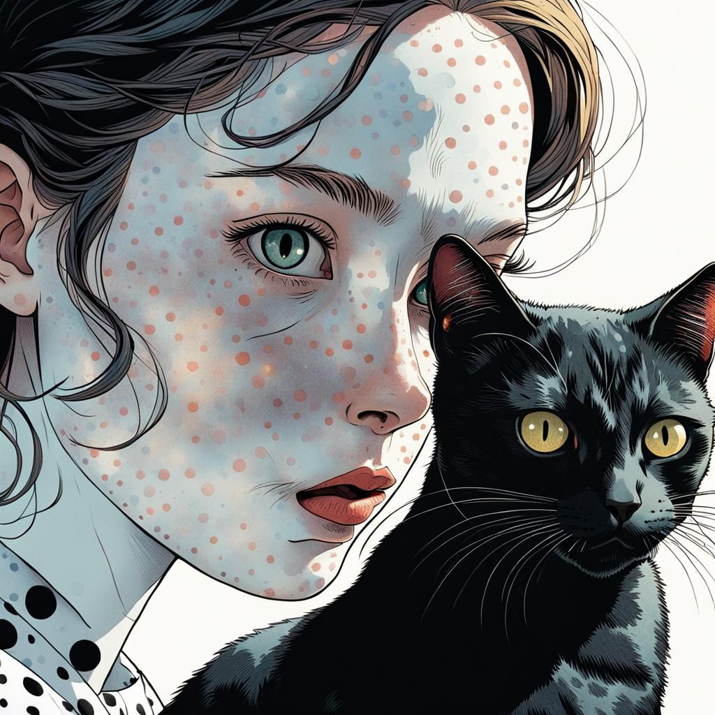 Whimsical Portrait of a Freckled Girl and Her Feline Compani...