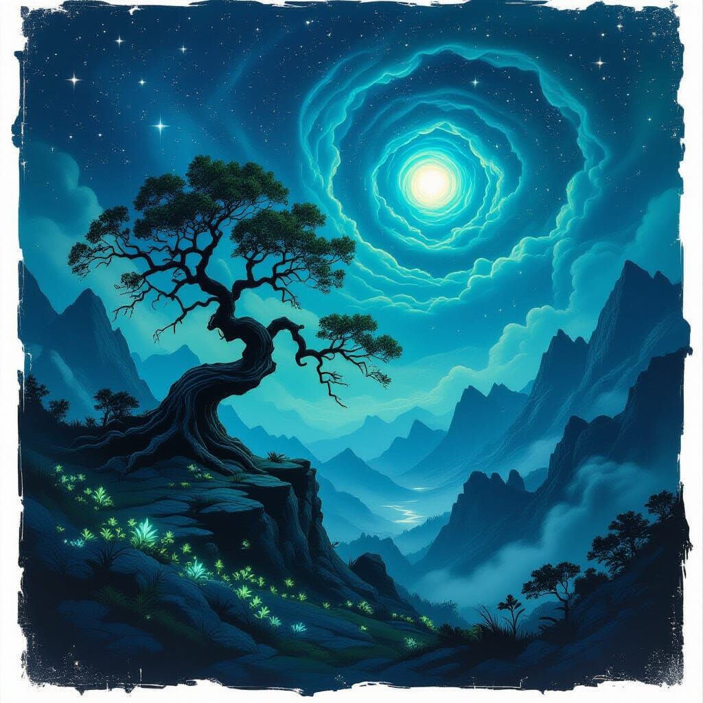 Ancient Tree on Mountain Peak Under Starry Sky