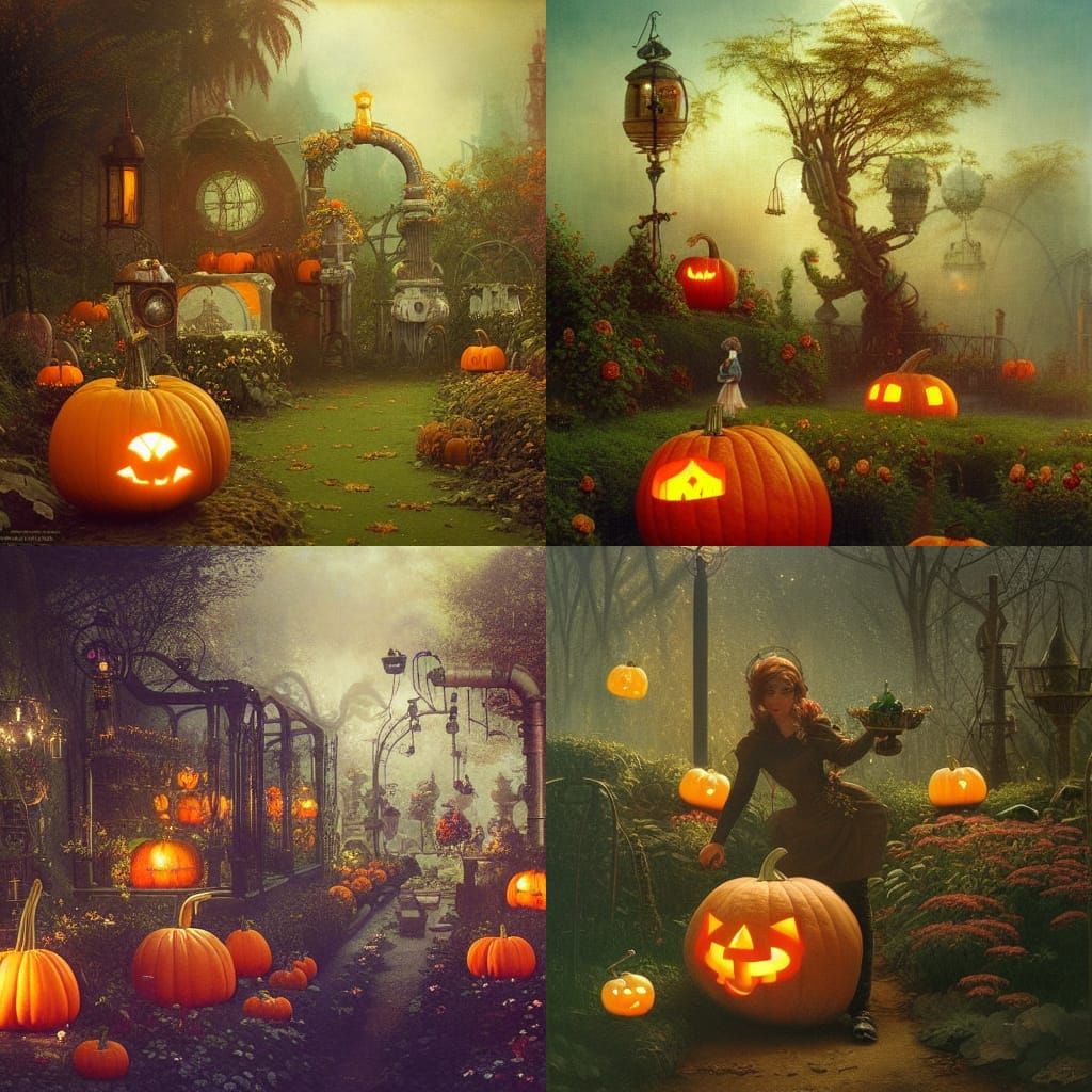 Enchanted Garden with Magical Pumpkin in Steampunk Style