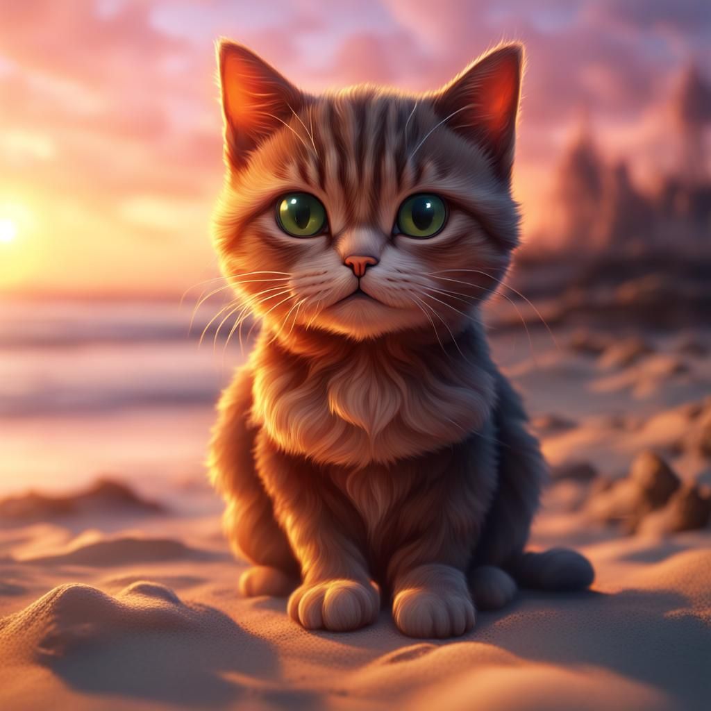 Cute Cat on Beach at Sunset, Detailed Painting