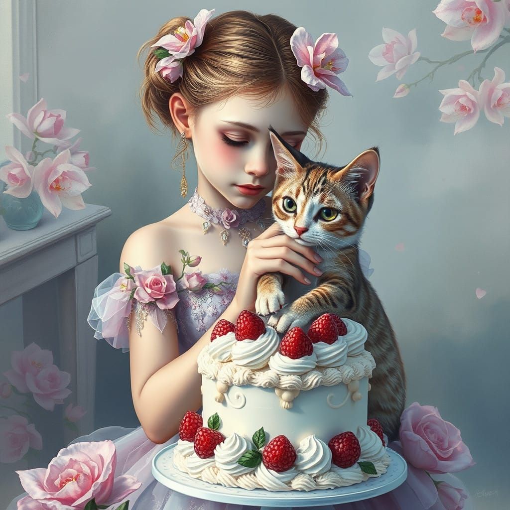 Enchanted Girl Adorns Feline Companion with Whimsical Cake