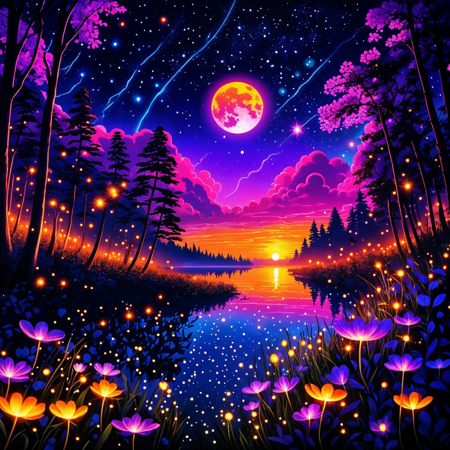 Vibrant Neon Sunset with Magical Sparkles