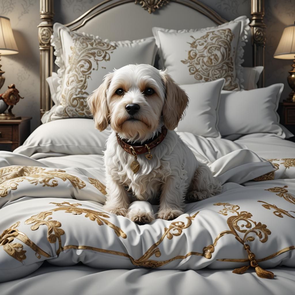 Small White Dog on Bed, Detailed Matte Painting