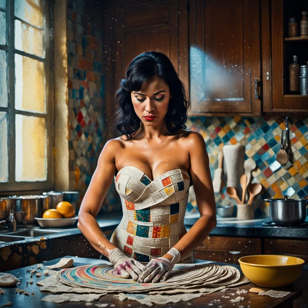 Surreal Newspaper Woman Kneading Dough