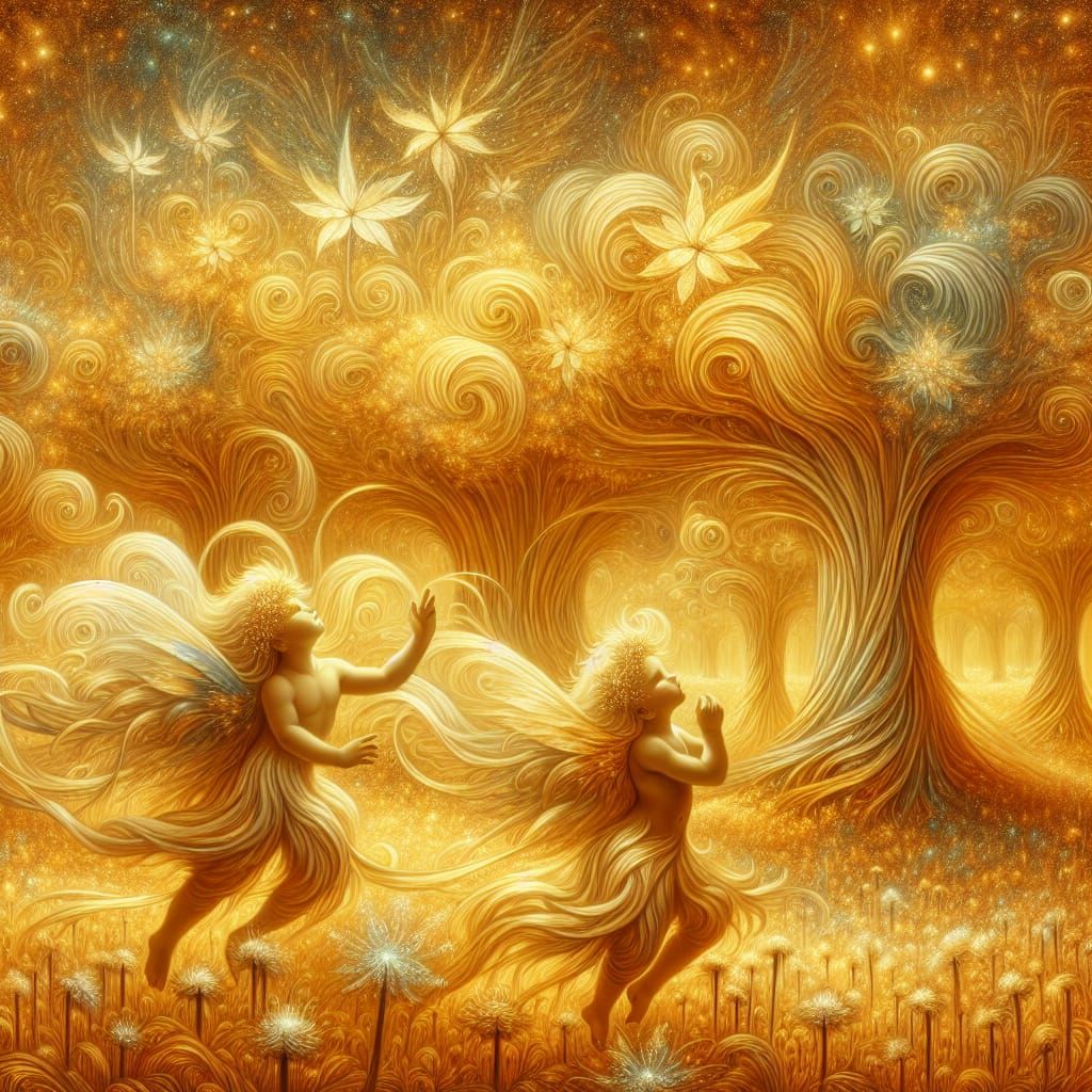 Ethereal Cherubs Dance in Golden Victorian Forest