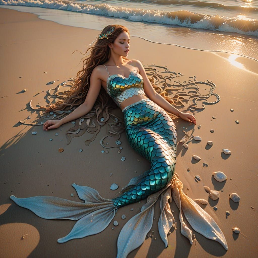 Surreal Mermaid Basks in Golden Beach Dream