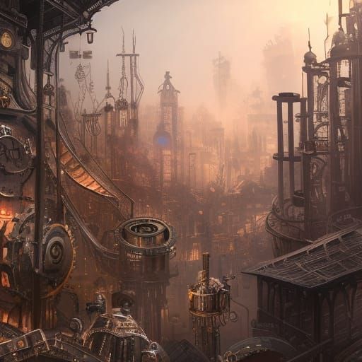 Steampunk Cityscape with Intricate Gears in Matte Painting S...