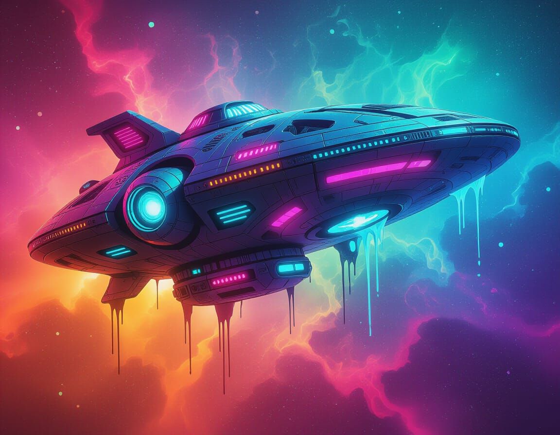 Biomechanical Alien Spaceship in Neon Nebula