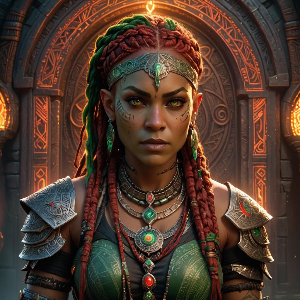 Half-Orc Female with Tribal Tattoos and Portal
