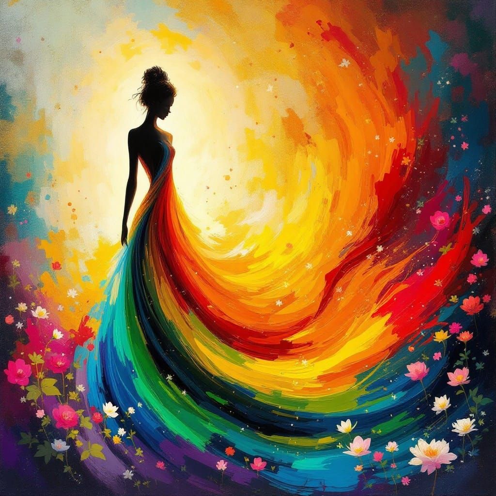 Vibrant Rainbow Goddess in Swirling Abstract Art