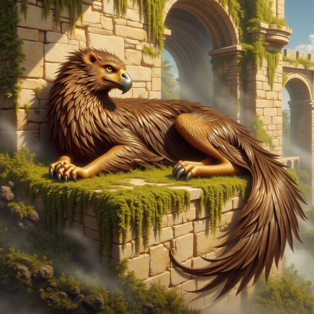 Majestic Griffin Guardian on Ancient Ruins, Fantasy Realism