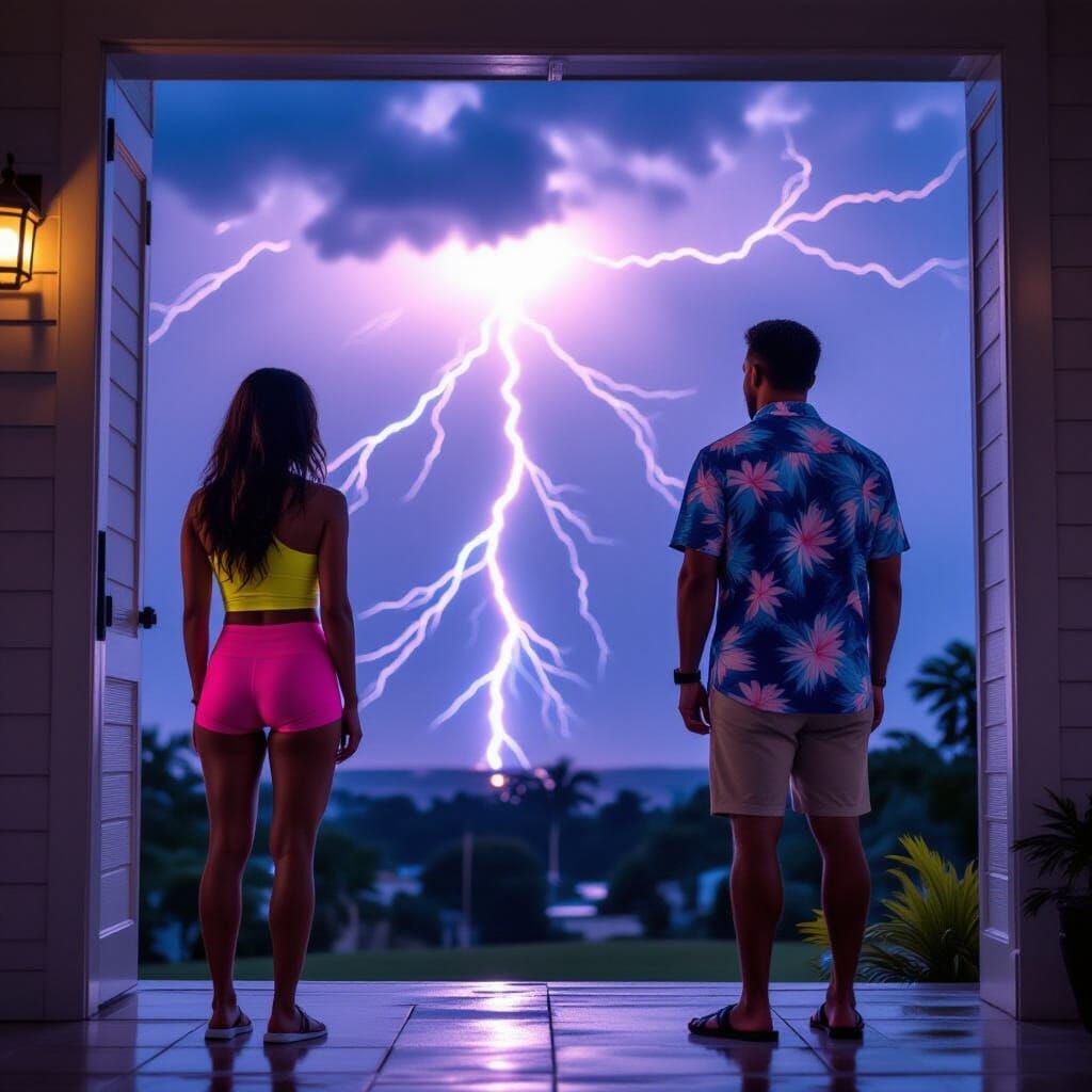 Red Lightning Storm With Couple Watching