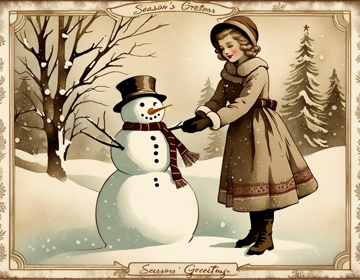 Christmas Scene in Vintage Style with Worn, Water-Stained Po...